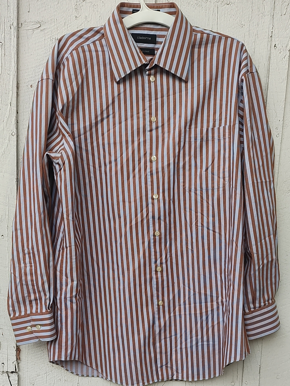 Claiborne Men's Brown Light Blue Striped Dress Shirt 100% Cotton XL 34/35 17neck